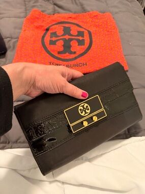 Tory Burch Black Leather Clutch with Gold Logo Hardware